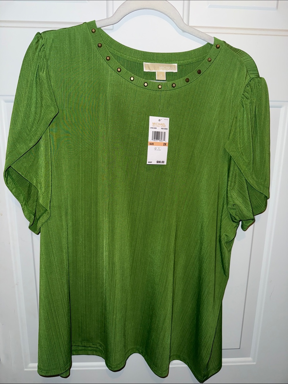 Michael Kors Bright Green Short-Sleeve Studded Neck Top